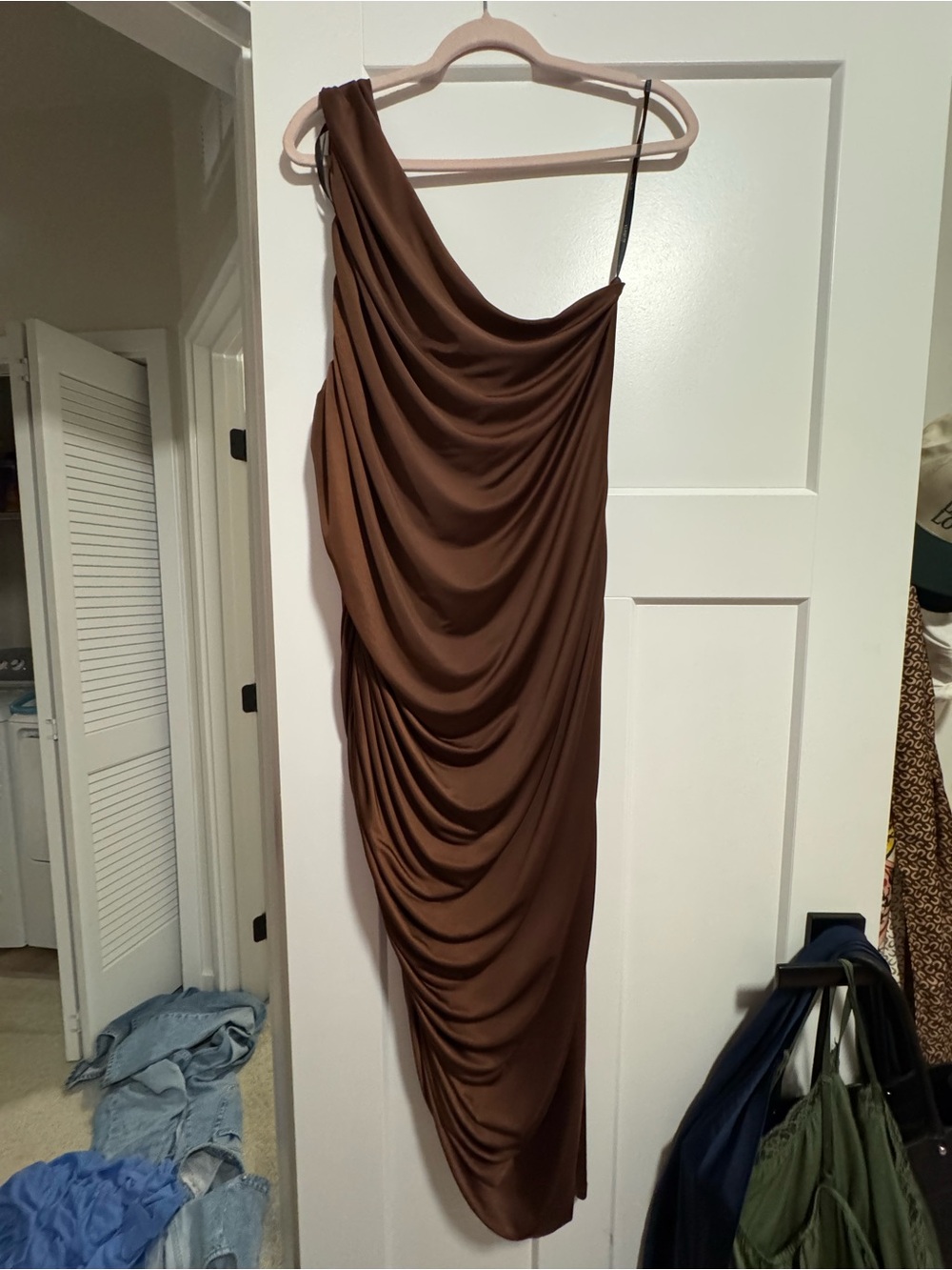 Eloquii One-Shoulder Draped Midi Dress in Brown